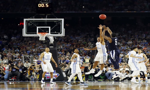 In this April 4, 2016, file photo, Villanova's Kris Jenkins makes the game-winning three-point shot during the second half of the NCAA Final Four tournament college basketball championship game against North Carolina. (AP Photo/David J. Phillip, File)
