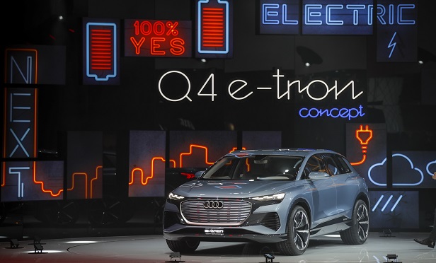 An Audi Q4 e-tron concept electric sport utility vehicle (SUV), produced by Audi AG, sits on display on the opening day of the 89th Geneva International Motor Show in Geneva, Switzerland, on Tuesday, March 5, 2019. (Photo: Stefan Wermuth/Bloomberg)