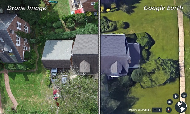 Side-by-side comparison of drone image and Google earth image.