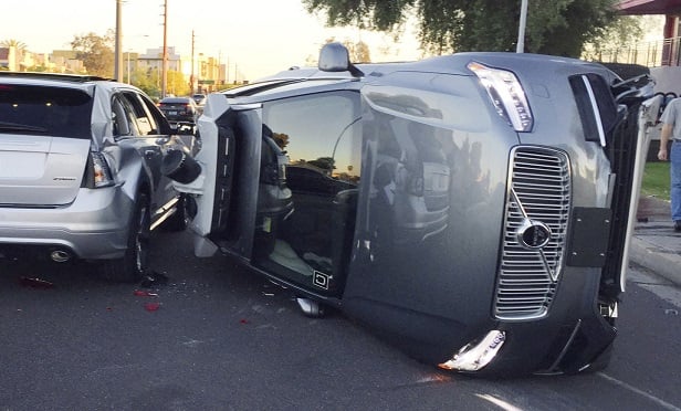 Uber self-driving SUV that flipped on its side in a collision in Tempe, Arizona on March 24, 2017. (Photo: Tempe Police Department)
