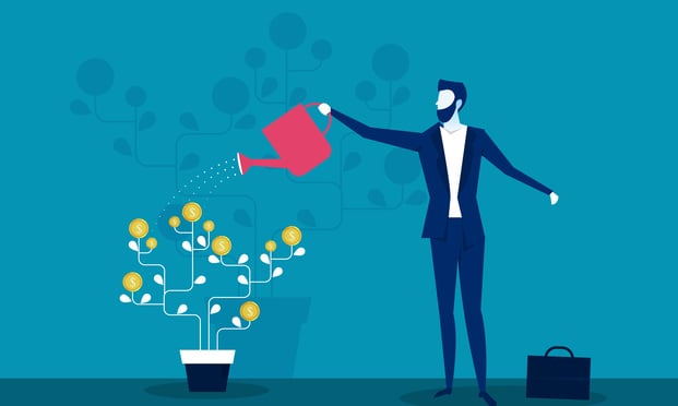 An illustration of a business person watering a plant that has coins blooming on the branches.