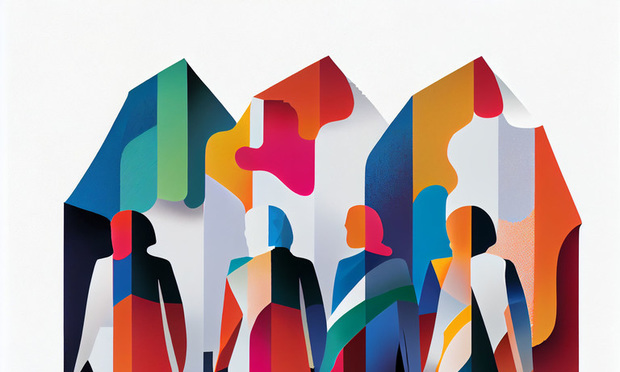 A colorful, abstract illustration of four women standing in a line.