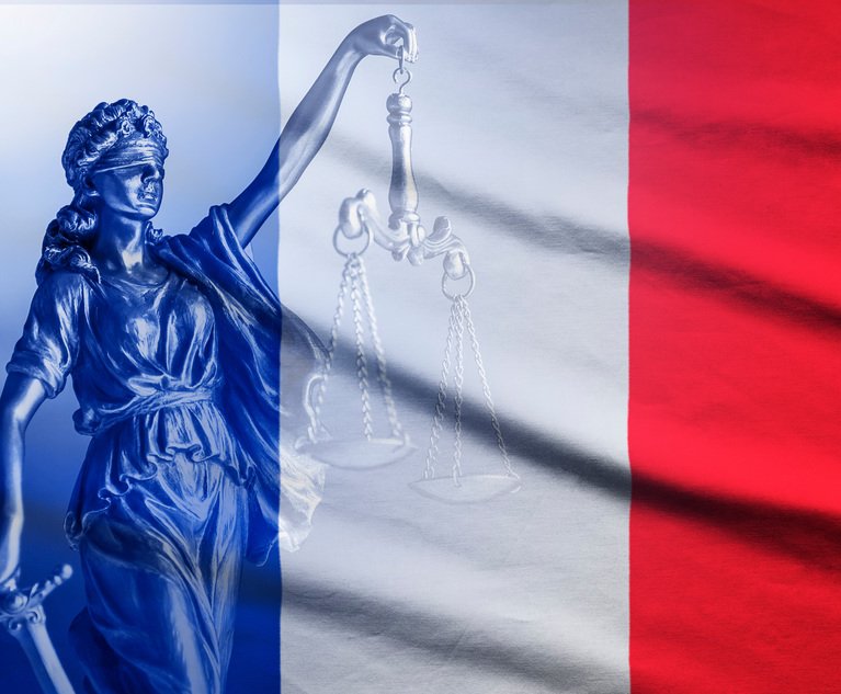 National flag of France with a statue of Justice.