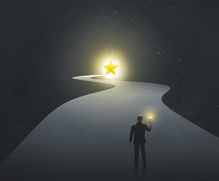 An illustration of a businessman holding a torch as he walks down a road toward a star.