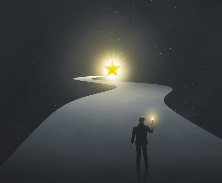 An illustration of a businessman holding a torch, looking down a road toward a bright star at the end of it.