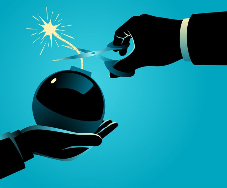 Business concept illustration of a man giving a bomb with a lit fuse and other man trying to diffuse it by cutting the fuse. Big problem and solution in business concept.