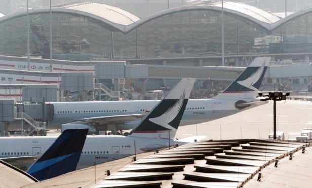 Tail fins of Cathay Pacific Airways Ltd. aircraft