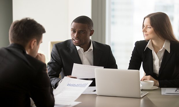 Business meeting Caucasian man, Caucasian woman,