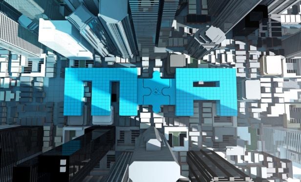Illustration of M&A over aerial view of city.