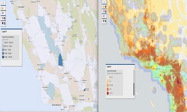 The above screenshots show RedZone's new models for use in portfolio-level analysis. On the left is RedZone's burn probability layer. When combined with the image on the right, which is RedZone's hazard control zones, you can develop a firmer understanding of portfolio composition when it comes to accumulations and likeliness to burn. (Image provided by SpatialKey)