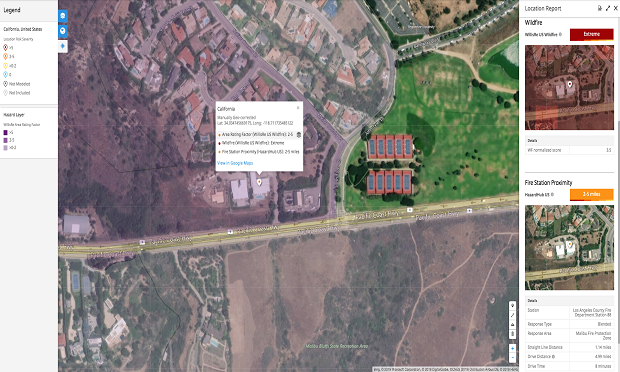 The above underwriting report includes critical fire station data from HazardHub along with the relative risk score of the peril itself from Willis Re. This combination of data points helps to contextualize and price risk in a single view. (Image provided by SpatialKey)