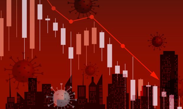Skyline, downward graph and coronavirus cells.