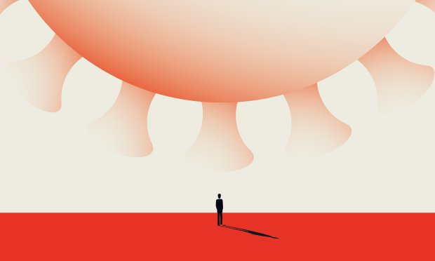Small image of a man standing under a Covid molecule.