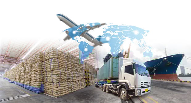 Cargo ship, truck, airplane and other images related to logistics.