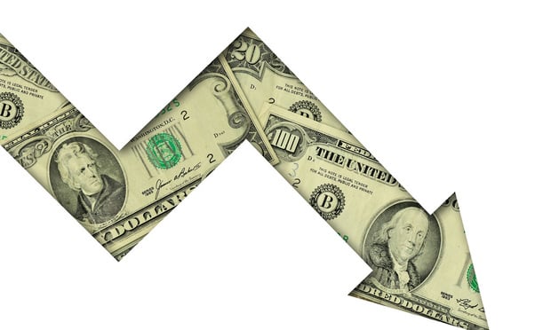 An arrow made out of American currency points downward.