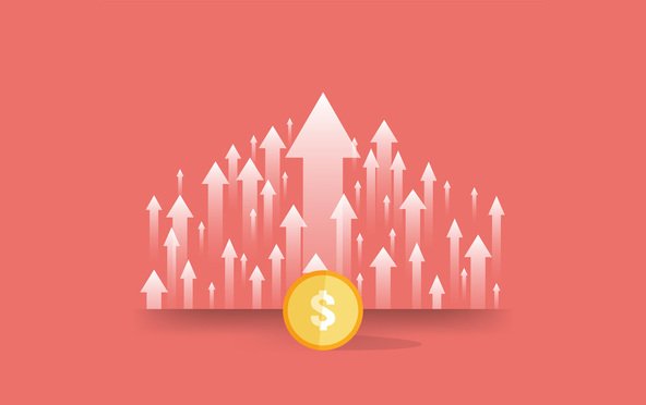 A group of arrows point upward with a yellow coin with a dollar sign in the middle against a red background.