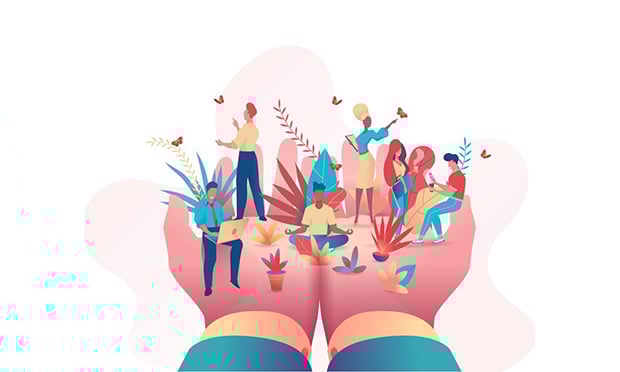 Big hands of boss hold of small people. Metaphor of office people under protection of leader. Safety at work concept, care, relaxed atmosphere, perks benefits for personnel. Flat vector illustration. Credit: Andrey Apoev/Adobe Stock