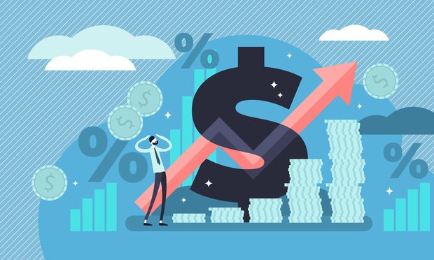 Illustration of inflation, money signs, stacks, stressed out guy in tie
