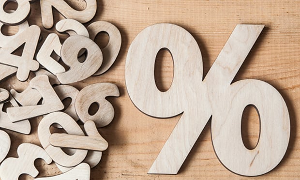 An unfinished wooden percentage sign sits on a table next to a variety of smaller wooden numbers.