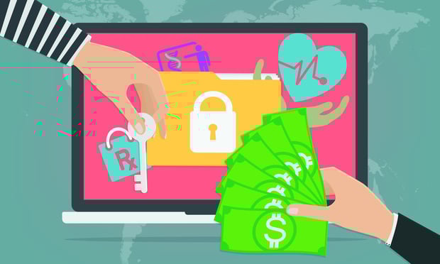 Businessman hand holding money banknote for paying the key from hacker for unlock folder got ransomware malware virus computer. Vector illustration technology data privacy and security concept.