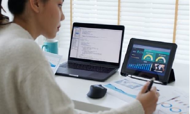 A data scientist studies data on a computer.