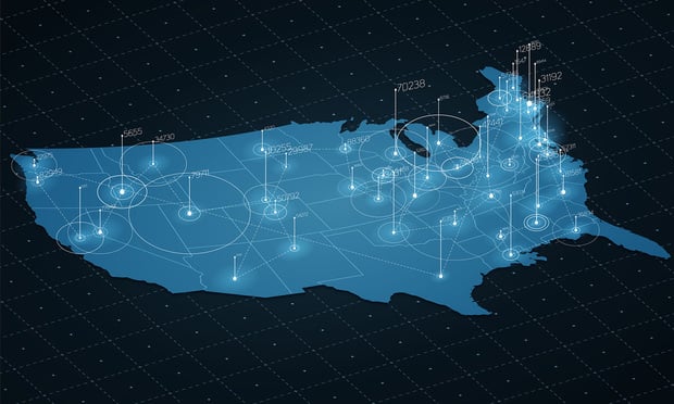 USA map big data visualization. Futuristic map infographic. Information aesthetics. Visual data complexity. Complex USA data graphic visualization. Abstract data on map graph.