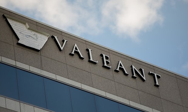 Valeant Pharmaceuticals International Inc. signage is displayed outside the company's headquarters in Bridgewater Township, New Jersey, U.S., on Thursday, Aug. 4, 2016. Valeant Pharmaceuticals International Inc. is scheduled to release earnings figures on Aug. 9. Photographer: Ron Antonelli/Bloomberg