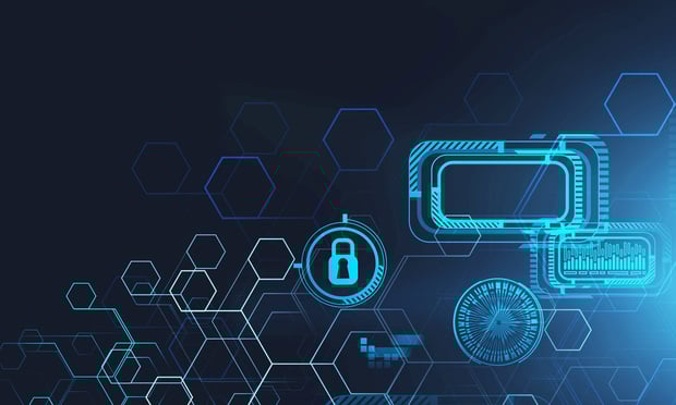A digital illustration of a lock and several other cybersecurity-related images against a navy background.