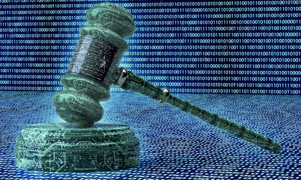 A gavel designed out of binary code