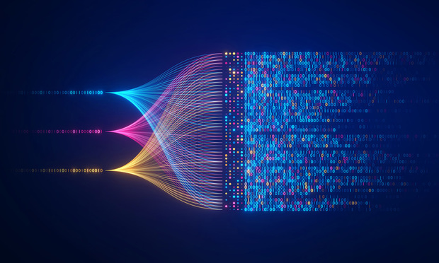 An illustration of differently colored lines of code merging.