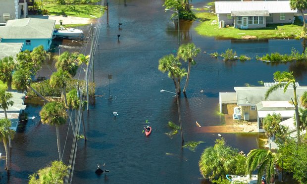 Hurricane Ian flooded houses in Florida residential area.