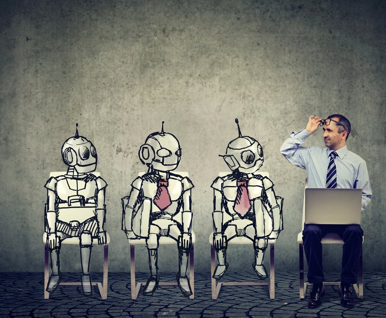 Human vs artificial intelligence concept. Business job applicant man competing with cartoon robots sitting in line for a job interview.