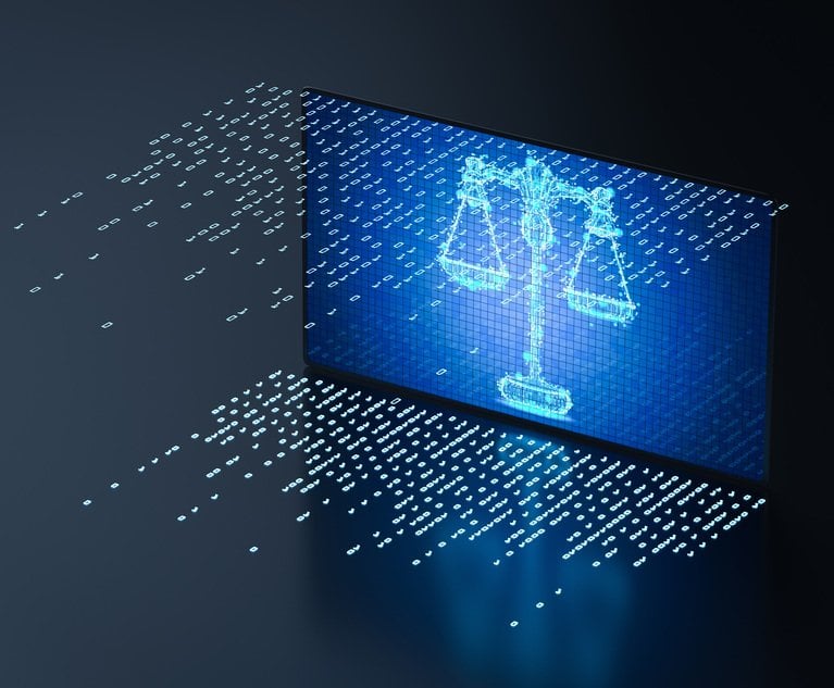 A digital illustration of the scales of justice with binary code coming off of it.