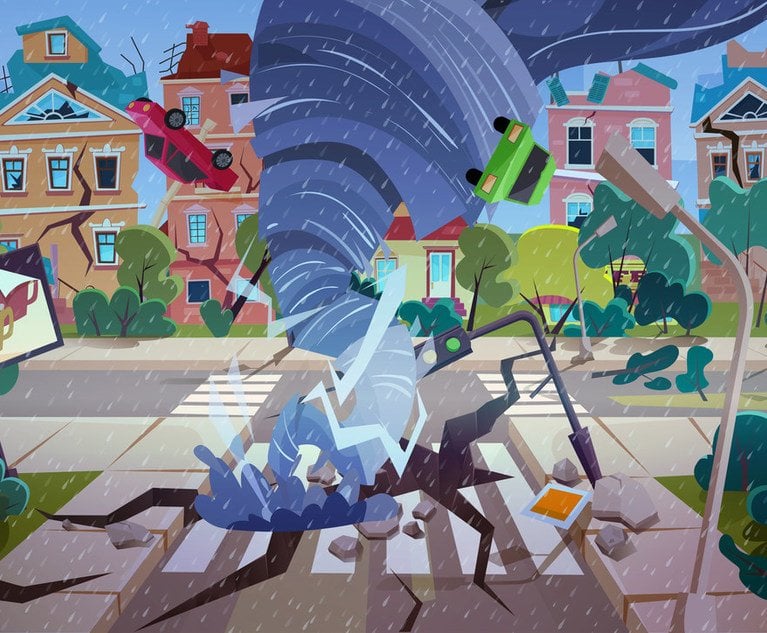 An illustration of a hurricane destroying houses and street. 