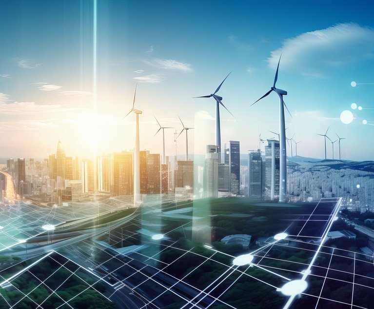 A futuristic rendering of a city with wind power.