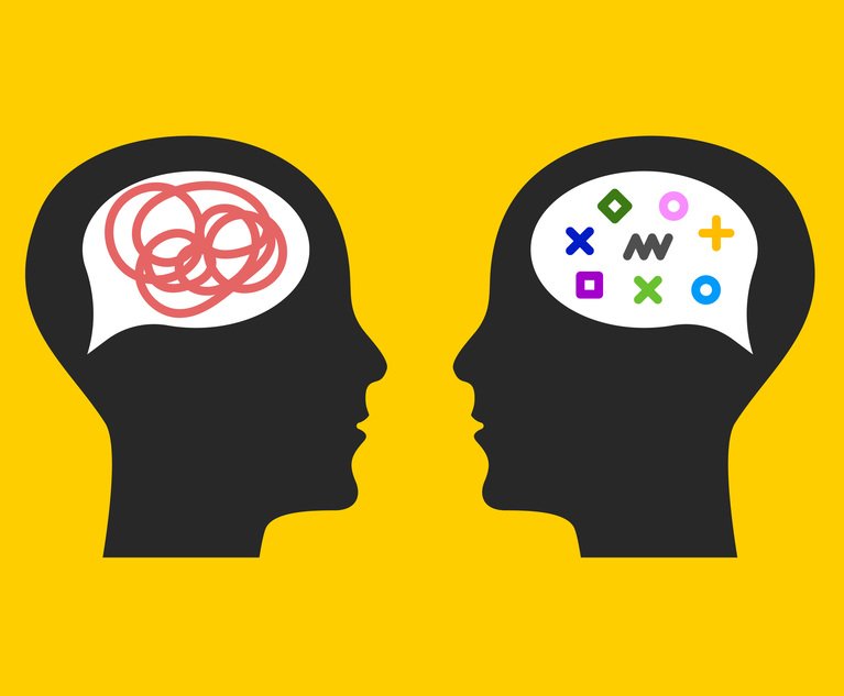 An illustration of two human heads facing each other. They each have a specch bubble in their brain with different shapes in them.