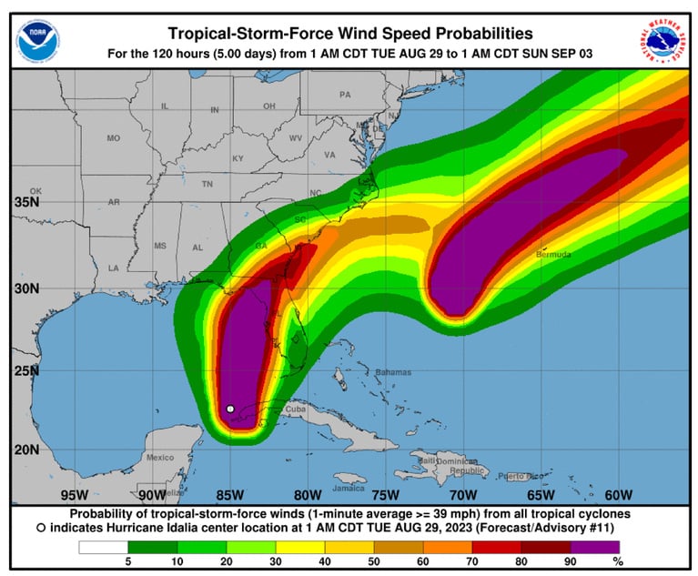 When it comes to forecasting what areas will be impacted, where the wind and water damages will occur and how bad they will be, AI is at the center of that forecast. (Hurricane Idalia image is from the National Hurricane Center.)