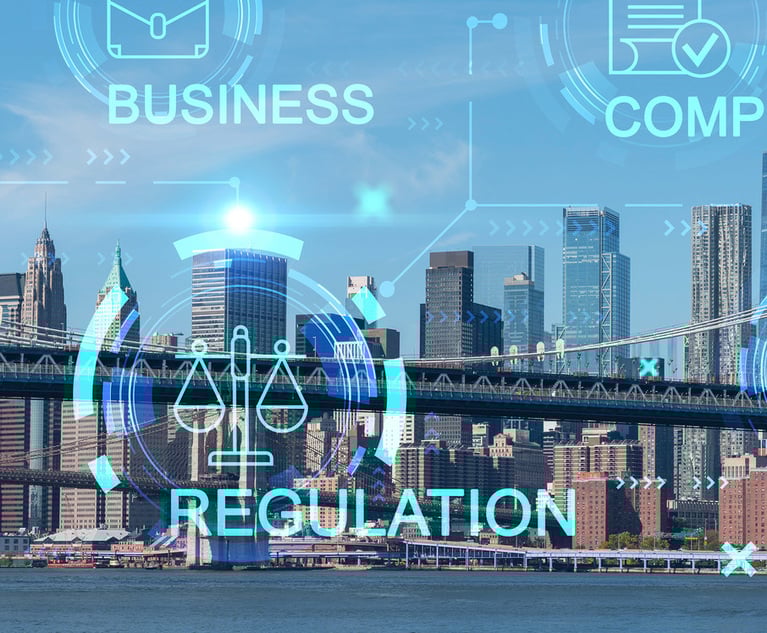 Brooklyn and Manhattan bridges with New York City financial downtown skyline panorama at day time over East River. Glowing hologram legal icons. The concept of law, order, regulations, digital justice