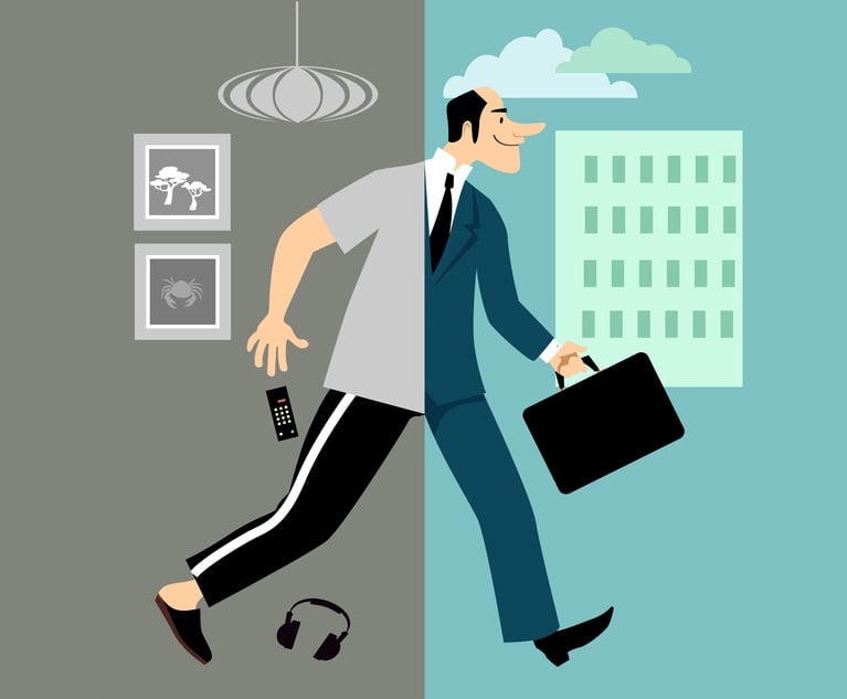 An illustration of a person walking from their home office back into an office building