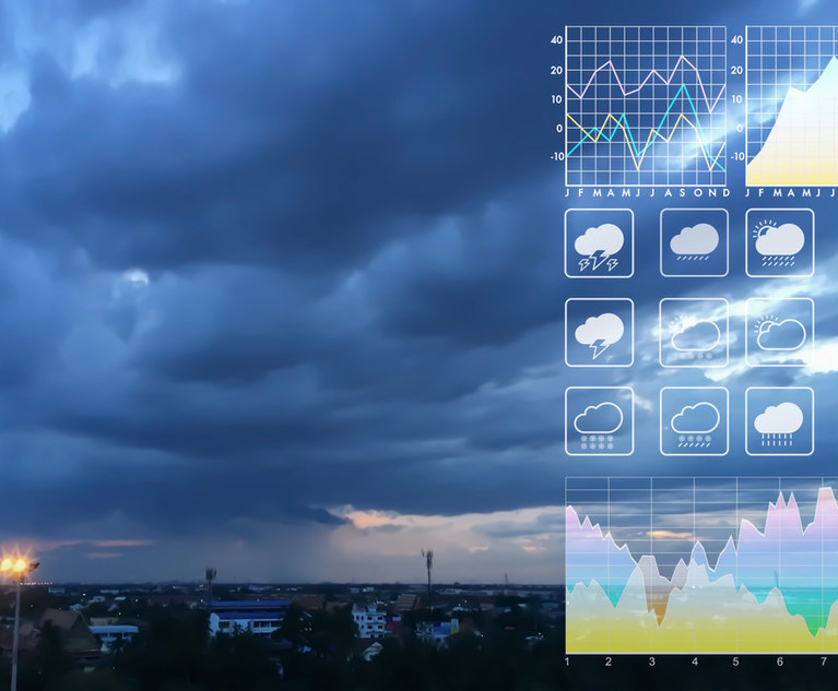 Weather graphics over a photo of storm clouds