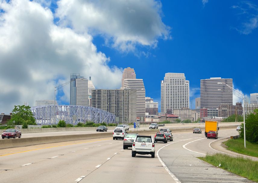 driving along highway toward downtown Cincinnati, Ohio