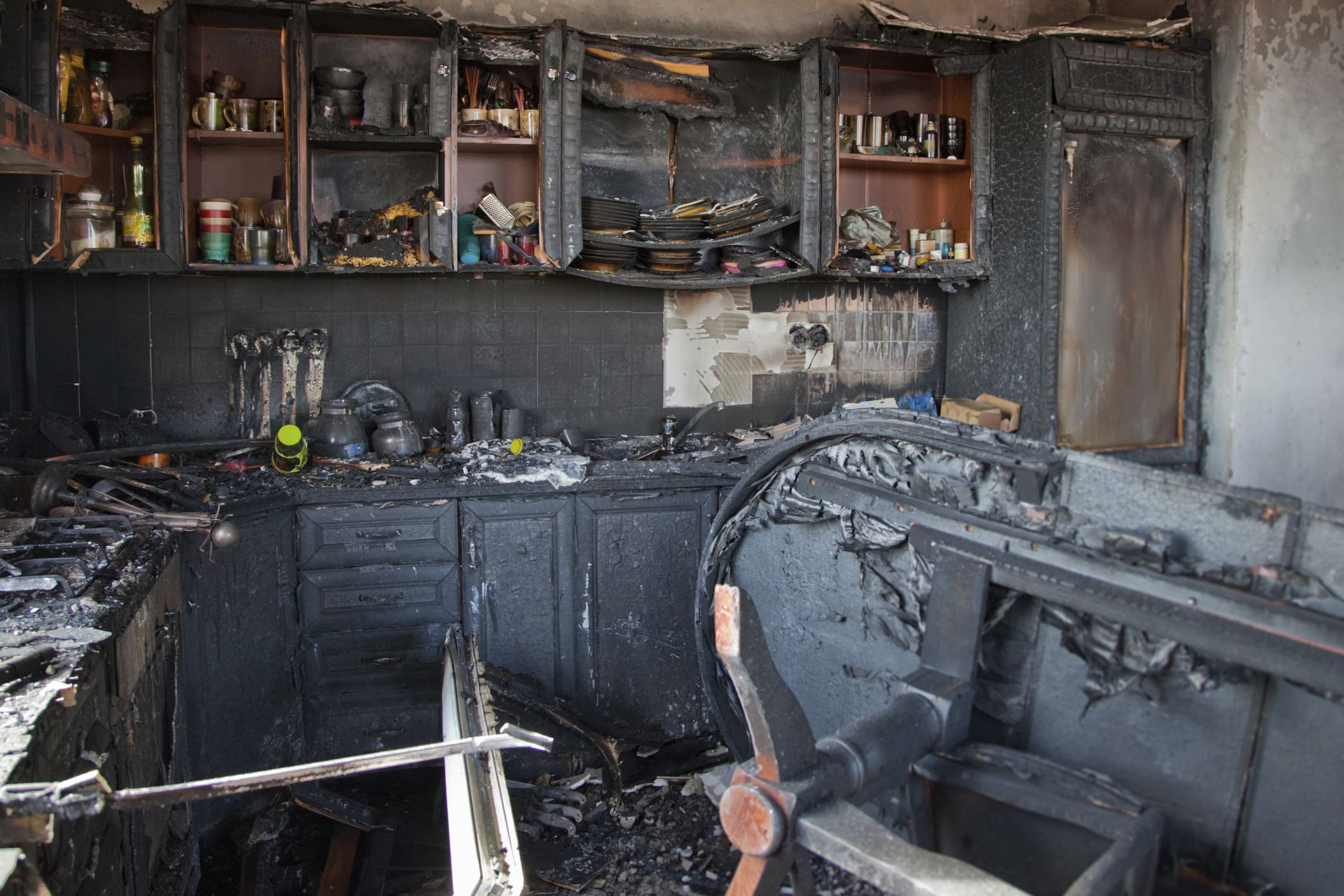 kitchen damaged by fire