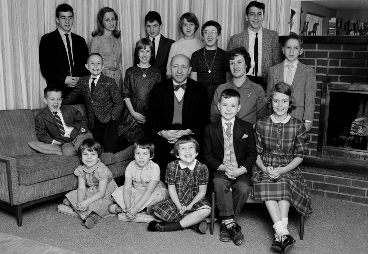 Jay and Ann Young, newly wed 15 months ago, are pictured with 15 of their 16 children, Nov. 21, 1963 in Dallas, Penn. 