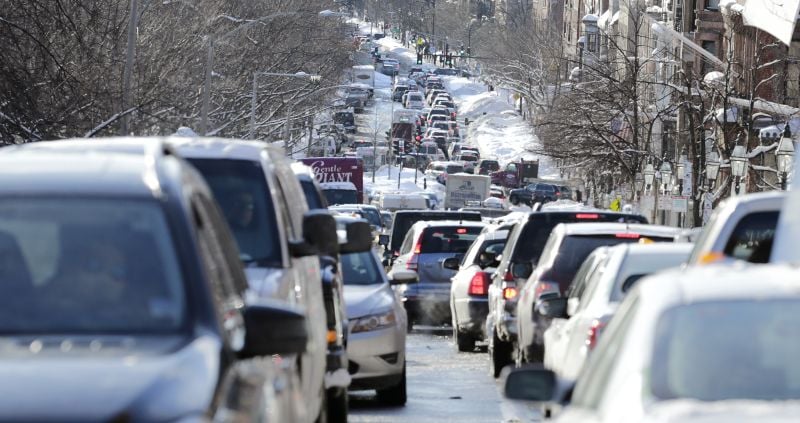 Cars are gridlocked on Beacon Street in Boston, Tuesday, Feb. 3, 2015.