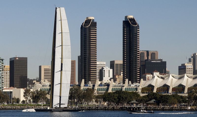  In this Nov. 25, 2009 file photo, The BMW Oracle trimaran sails past the San Diego skyline during testing in San Diego