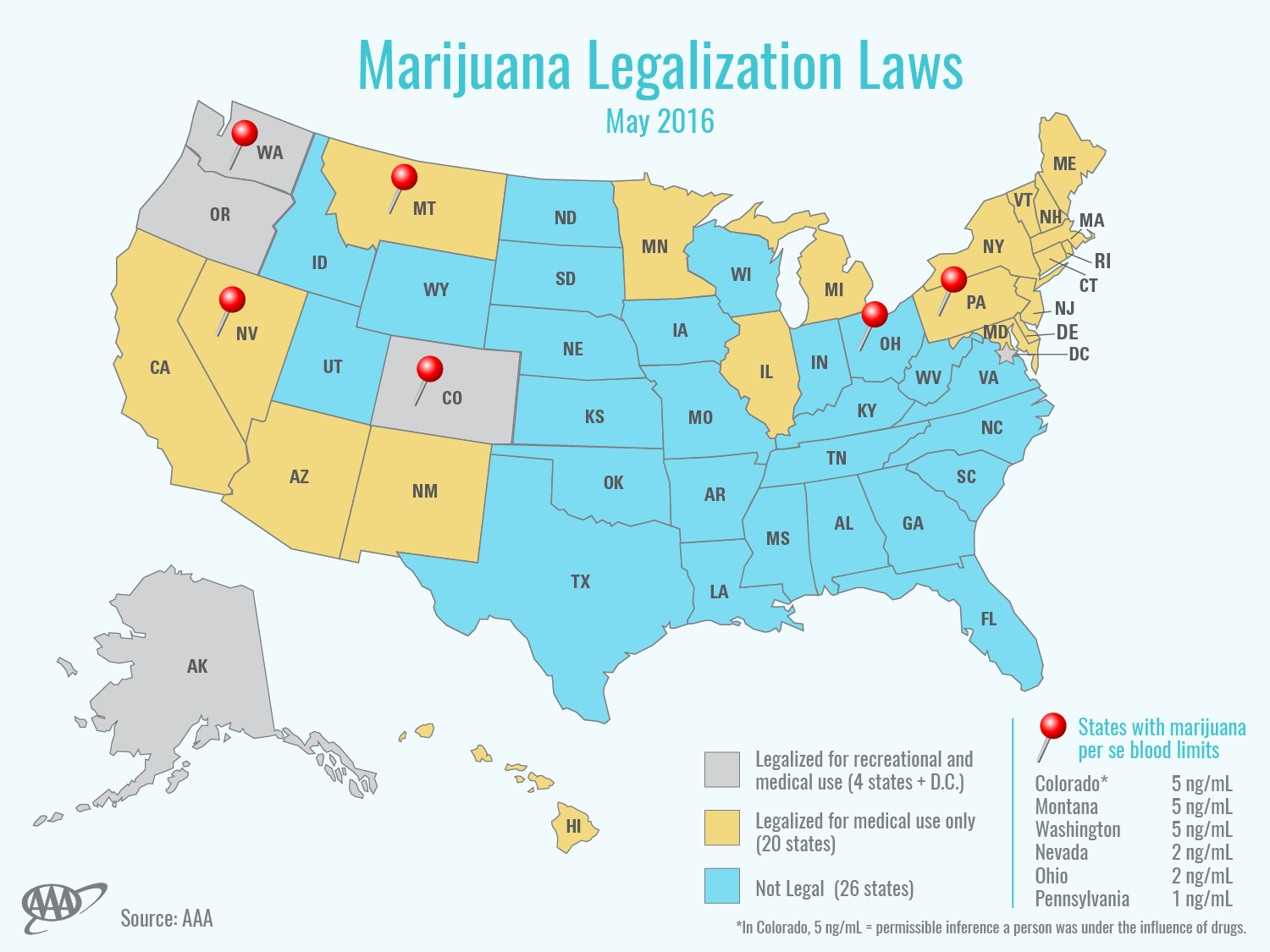 Map of states where marijuana is legal from AAA