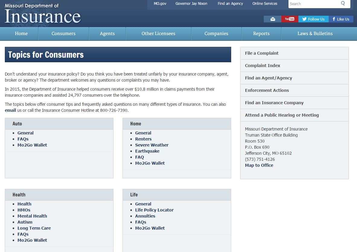 Missouri Department of Insurance website