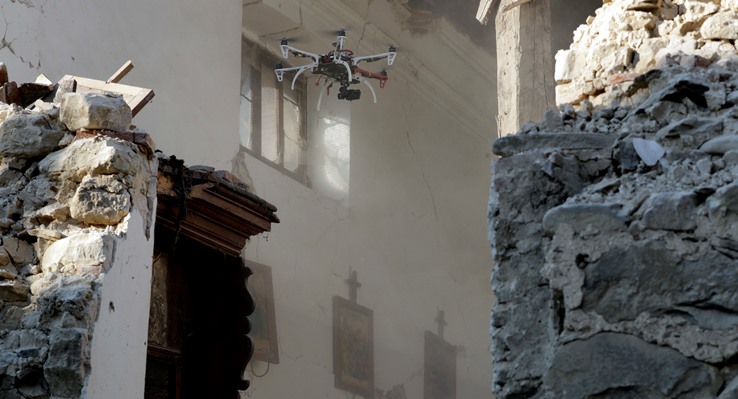 Drone surveying earthquake damage in Italy - Hurricane Matthew