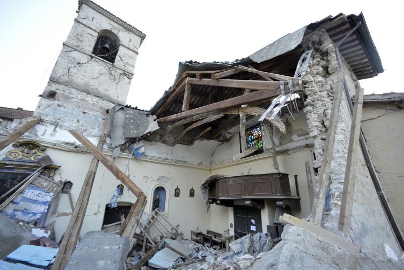 Earthquake damaged church in the village of Visso, Italy