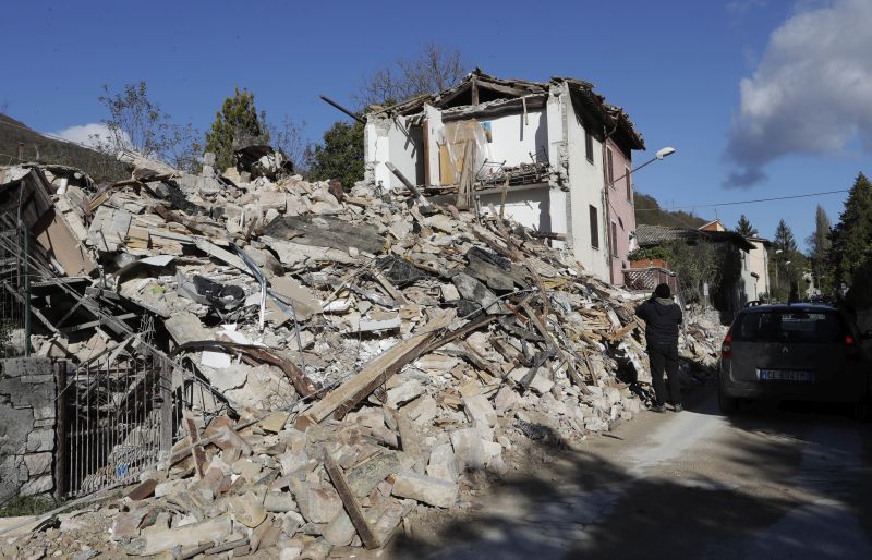 A house was completely destroyed by an eartthquake in the small town of Visso in central Italy in the small town of Visso in central Italy